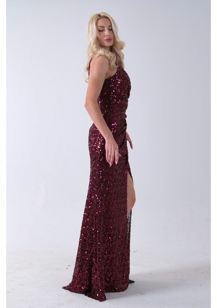 Bordo Bisiklet Yaka Kolsuz Yırtmaç Detaylı Pul Payet Abiye 9705482.04 fırsatları