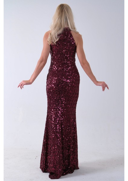 Bordo Bisiklet Yaka Kolsuz Yırtmaç Detaylı Pul Payet Abiye 9705482.04 indirimleri