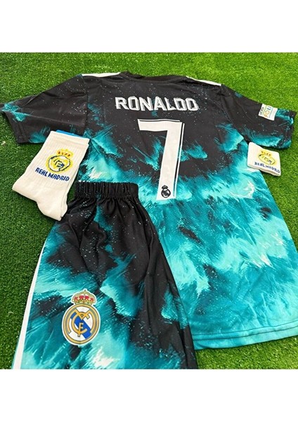 Real Madrid C.ronaldo Özel Tasarım Çocuk Forması Mavi Dalgalı