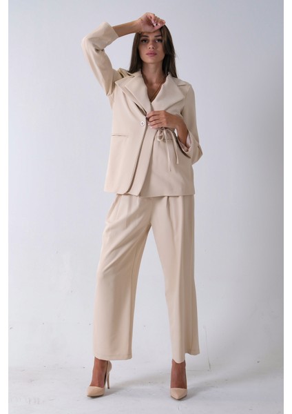 Krem Çift Cep Yandan Bağlamalı Ceket Pantolonlu Takım 4592259.19