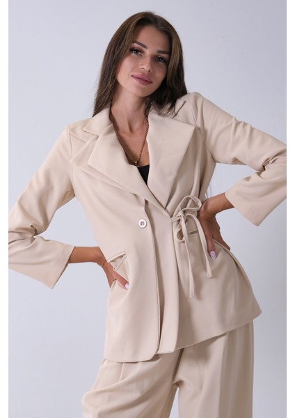 Krem Çift Cep Yandan Bağlamalı Ceket Pantolonlu Takım 4592259.19