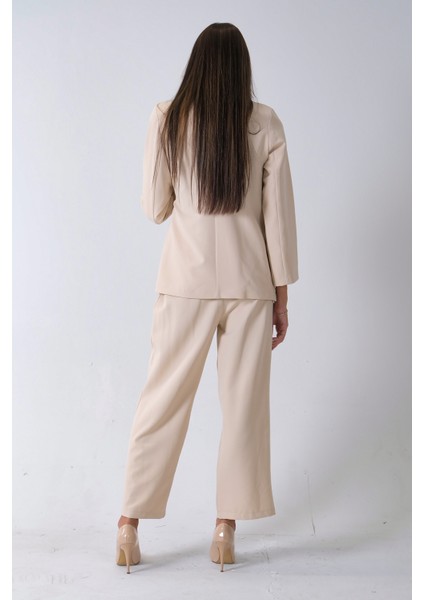 Krem Çift Cep Yandan Bağlamalı Ceket Pantolonlu Takım 4592259.19