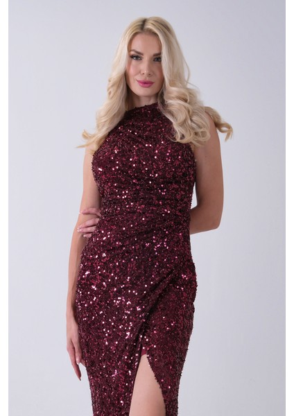 Bordo Bisiklet Yaka Kolsuz Yırtmaç Detaylı Pul Payet Abiye 9705482.04