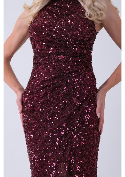 Bordo Bisiklet Yaka Kolsuz Yırtmaç Detaylı Pul Payet Abiye 9705482.04