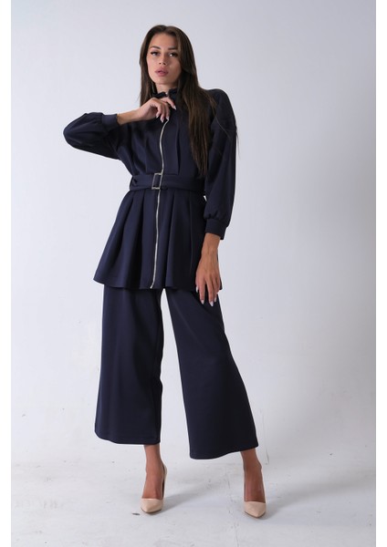 Lacivert Fermuar Kapamalı Beli Kemerli Pantolonlu Scuba Takım 4592264.02 modelleri