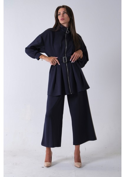 Lacivert Fermuar Kapamalı Beli Kemerli Pantolonlu Scuba Takım 4592264.02 fırsatları