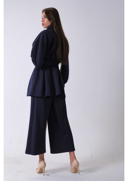 Lacivert Fermuar Kapamalı Beli Kemerli Pantolonlu Scuba Takım 4592264.02