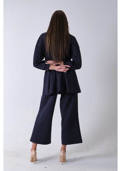 Lacivert Fermuar Kapamalı Beli Kemerli Pantolonlu Scuba Takım 4592264.02