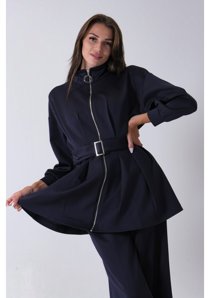 Lacivert Fermuar Kapamalı Beli Kemerli Pantolonlu Scuba Takım 4592264.02