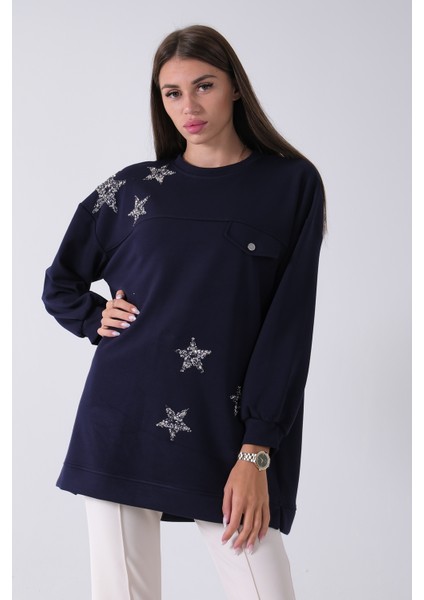 Lacivert Üzeri Yıldız Desenli Taş Işlemeli Cep Görünümülü Tunik 940170258.02
