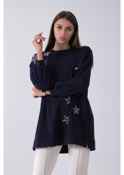 Lacivert Üzeri Yıldız Desenli Taş Işlemeli Cep Görünümülü Tunik 940170258.02 fiyatları