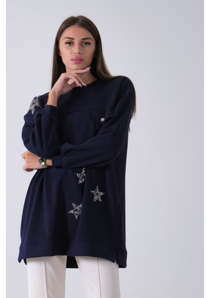 Lacivert Üzeri Yıldız Desenli Taş Işlemeli Cep Görünümülü Tunik 940170258.02 modelleri