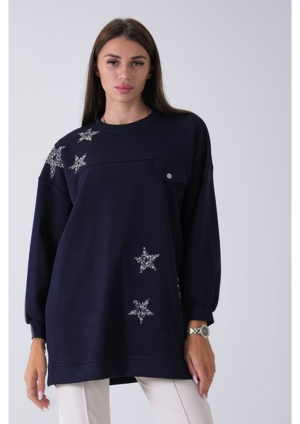 Lacivert Üzeri Yıldız Desenli Taş Işlemeli Cep Görünümülü Tunik 940170258.02 fırsatları