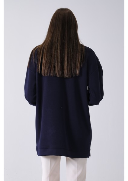 Lacivert Üzeri Yıldız Desenli Taş Işlemeli Cep Görünümülü Tunik 940170258.02