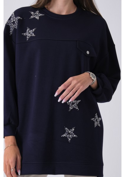 Lacivert Üzeri Yıldız Desenli Taş Işlemeli Cep Görünümülü Tunik 940170258.02