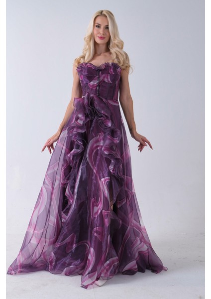 Mürdüm Straplez Yaka Önü Düğme Detaylı Desenli Fırfırlı Abiye 9705680.21