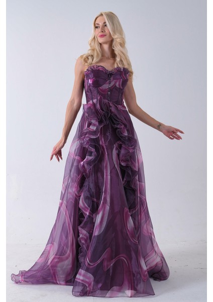 Mürdüm Straplez Yaka Önü Düğme Detaylı Desenli Fırfırlı Abiye 9705680.21 fiyatları