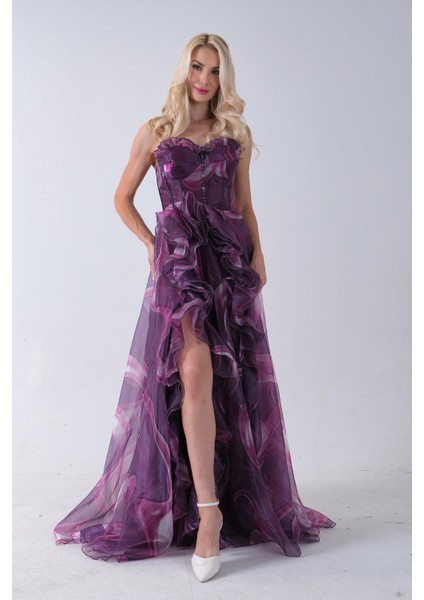 Mürdüm Straplez Yaka Önü Düğme Detaylı Desenli Fırfırlı Abiye 9705680.21 fırsatları