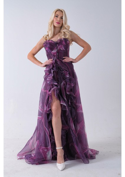 Mürdüm Straplez Yaka Önü Düğme Detaylı Desenli Fırfırlı Abiye 9705680.21 indirimleri