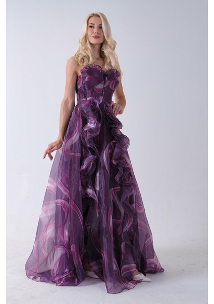 Mürdüm Straplez Yaka Önü Düğme Detaylı Desenli Fırfırlı Abiye 9705680.21