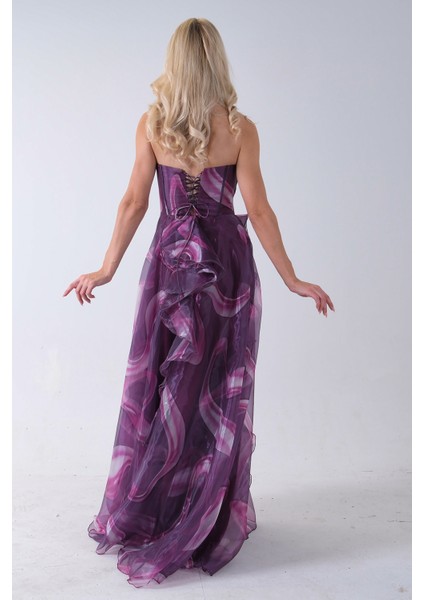 Mürdüm Straplez Yaka Önü Düğme Detaylı Desenli Fırfırlı Abiye 9705680.21