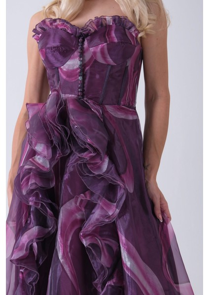 Mürdüm Straplez Yaka Önü Düğme Detaylı Desenli Fırfırlı Abiye 9705680.21