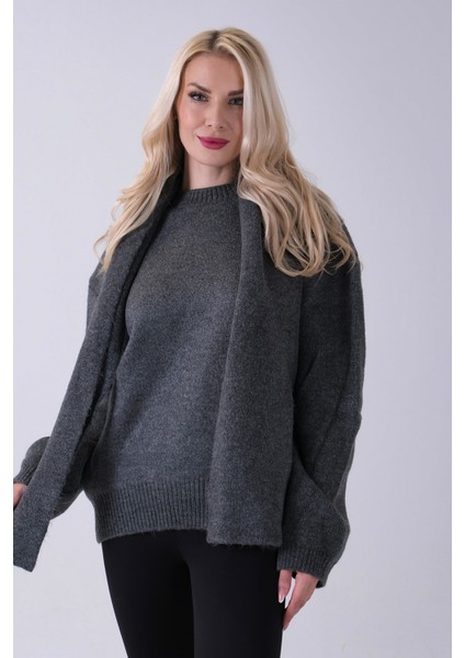 Antrasit Şal Aksesuarlı Bisiklet Yaka Triko Kazak 46892633.315