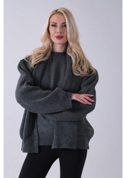 Antrasit Şal Aksesuarlı Bisiklet Yaka Triko Kazak 46892633.315 fiyatları