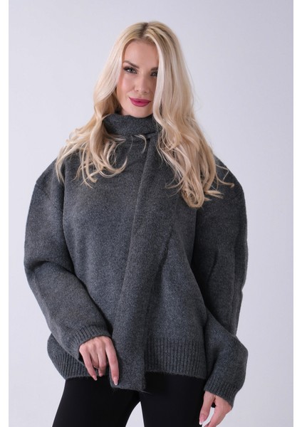 Antrasit Şal Aksesuarlı Bisiklet Yaka Triko Kazak 46892633.315