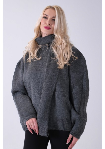 Antrasit Şal Aksesuarlı Bisiklet Yaka Triko Kazak 46892633.315