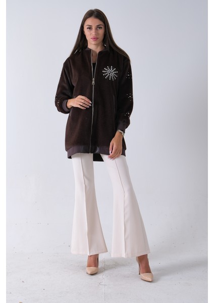 Kahve Üzeri Taş Detaylı Yandan Cepli Peluş Hırka 4701420.05