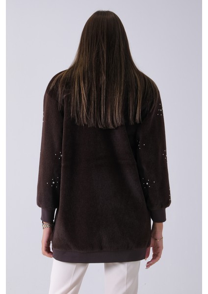 Kahve Üzeri Taş Detaylı Yandan Cepli Peluş Hırka 4701420.05