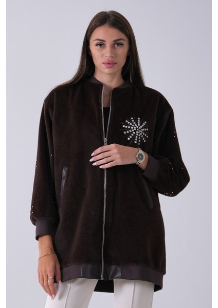 Kahve Üzeri Taş Detaylı Yandan Cepli Peluş Hırka 4701420.05