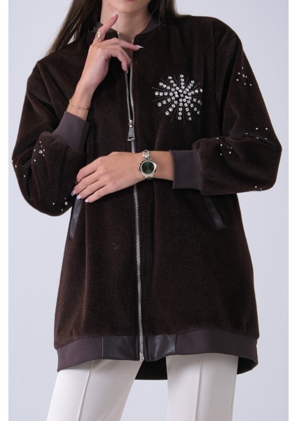 Kahve Üzeri Taş Detaylı Yandan Cepli Peluş Hırka 4701420.05