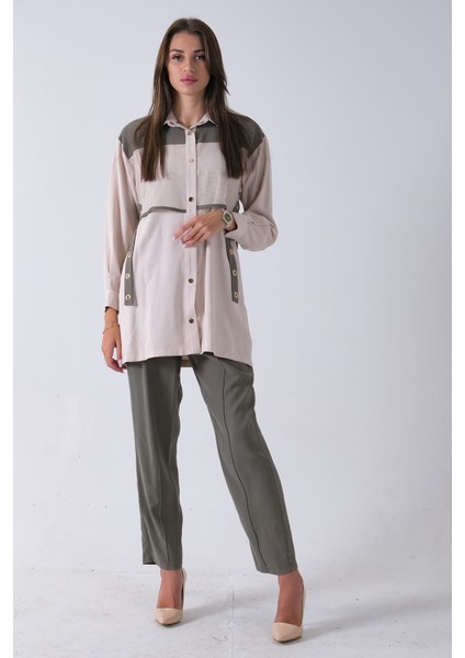 Haki Önü File Detaylı Çift Renk Tunik Pantolonlu Takım 4701409.23