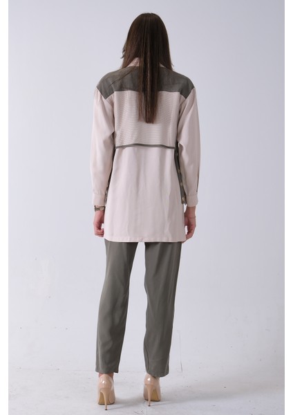 Haki Önü File Detaylı Çift Renk Tunik Pantolonlu Takım 4701409.23