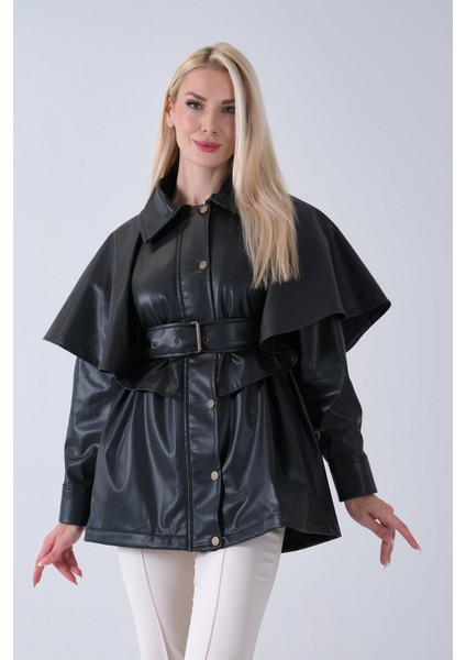 Siyah Yakalı Kendinden Pelerinli Kemerli Deri Ceket 5309366.01