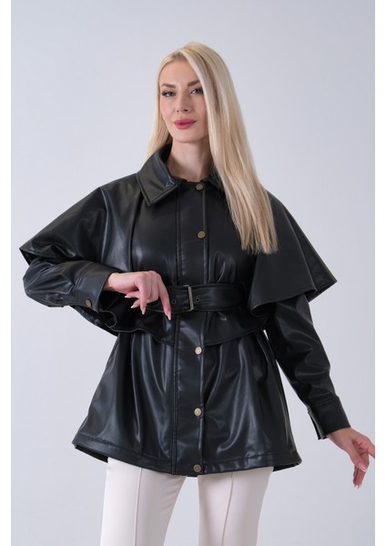 Siyah Yakalı Kendinden Pelerinli Kemerli Deri Ceket 5309366.01 fiyatları