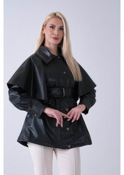 Siyah Yakalı Kendinden Pelerinli Kemerli Deri Ceket 5309366.01 modelleri