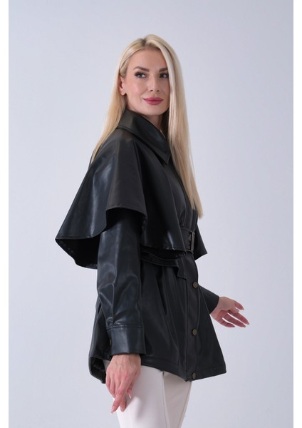 Siyah Yakalı Kendinden Pelerinli Kemerli Deri Ceket 5309366.01 fırsatları