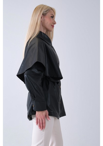 Siyah Yakalı Kendinden Pelerinli Kemerli Deri Ceket 5309366.01 indirimleri