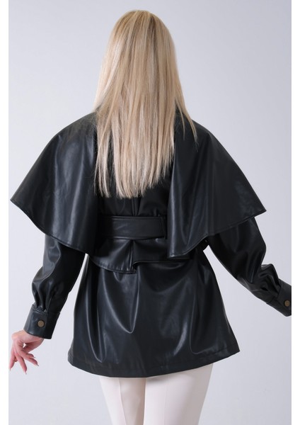 Siyah Yakalı Kendinden Pelerinli Kemerli Deri Ceket 5309366.01