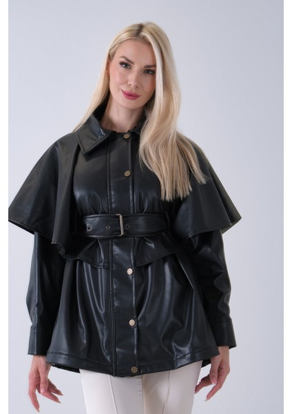 Siyah Yakalı Kendinden Pelerinli Kemerli Deri Ceket 5309366.01