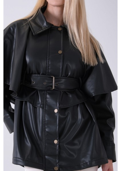 Siyah Yakalı Kendinden Pelerinli Kemerli Deri Ceket 5309366.01