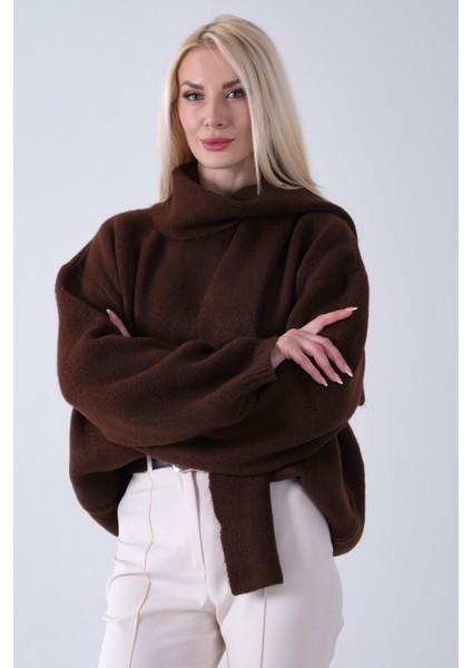 Kahve Şal Aksesuarlı Bisiklet Yaka Triko Kazak 46892633.05