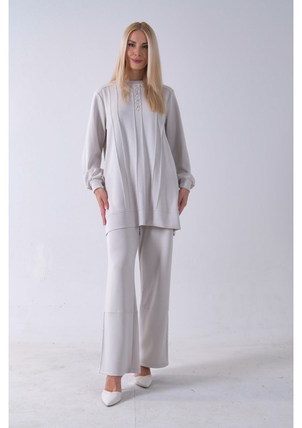 Taş Yaka ve Pantolon Paçası Taş Detaylı Tunikli Takım 4703048.50
