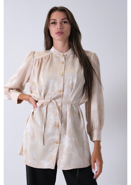 Bej Hakim Yaka Bel Bağlamalı Desenli Tunik 4595333.55