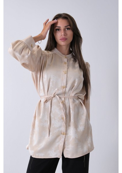 Bej Hakim Yaka Bel Bağlamalı Desenli Tunik 4595333.55 fiyatları