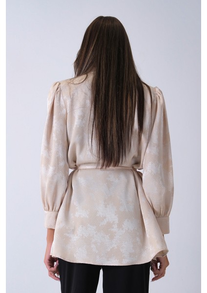 Bej Hakim Yaka Bel Bağlamalı Desenli Tunik 4595333.55 indirimleri