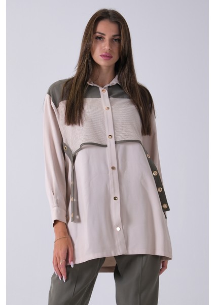 Haki Önü File Detaylı Çift Renk Tunik Pantolonlu Takım 4701409.23